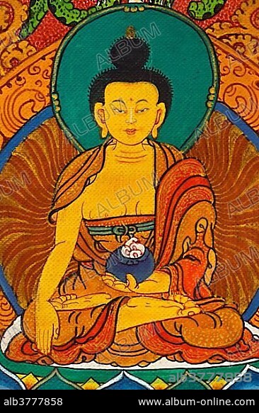 Medicine Buddha, Shakyamuni, holding the panacea "Myrobalan", representation on a thangka, scroll painting of Tantric Buddhism, meditation, mandala.