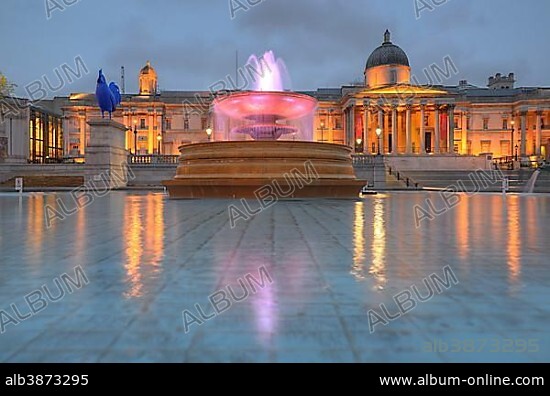 Hahn/Cock sculpture and fountain in front of the National Gallery, blue hour, rainy weather, Trafalgar Square, London, England, United Kingdom, Europe.