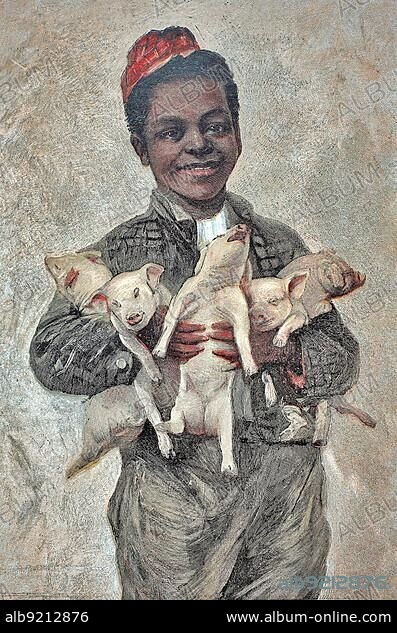 Negro boy with piglets for good luck. Art supplement in the Zur Guten Stunde 1897, after a painting by Alfred Schwarz, I congratulate you, Historic, digitally restored reproduction of a 19th century original, exact original date unknown.