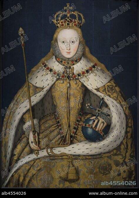Queen Elizabeth I of England (1533-1603 . Portrait by an unknown English  artist. This painting is known as "The Coronation portrait". Elizabeth is  depicted crowned, wearin - Album alb4554026