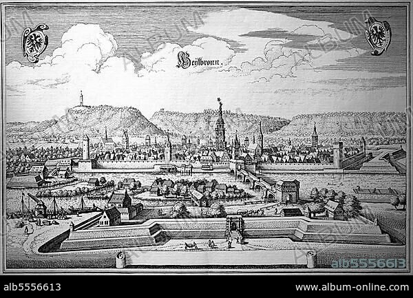 Heilbronn im Mittelalter, Baden-Württemberg, Deutschland, Historisch, digital restaurierte Reproduktion einer Originalvorlage aus dem 18. Jahrhundert, genaues Originaldatum nicht bekannt.
