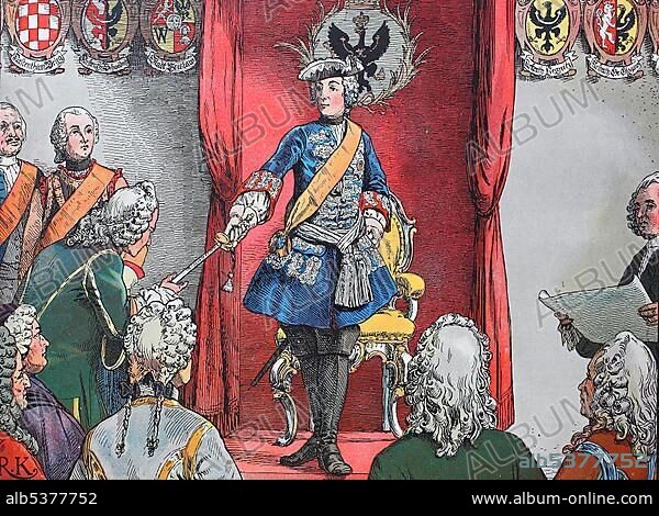 First Silesian War, 1740-1742, King Frederick the Great, Frederick II., Friedrich der GroÃŸe, Friedrich II. 1712-1786, homage to the silesian estates at the townhall of Breslau, historical illustration, 1880, Germany, Europe.