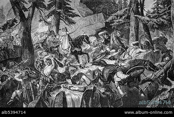 Charlemagne, Charles the Great (747-814), crossing the Alps, historical illustration, circa 1886.