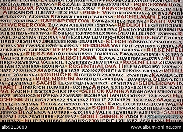 Prague Czech Republic. The names of the victims of the Holocaust (Shoah) written on the walls of the Pinkas Synagogue.