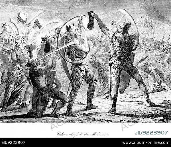 Gideon raids the Midianites, raid, battle, crowd, warriors, soldiers, death, suffering, weapons, swords, trumpets, horn, Bible, Old Testament, Book of Judges, chapter 7, historical illustration circa 1850, Middle East.