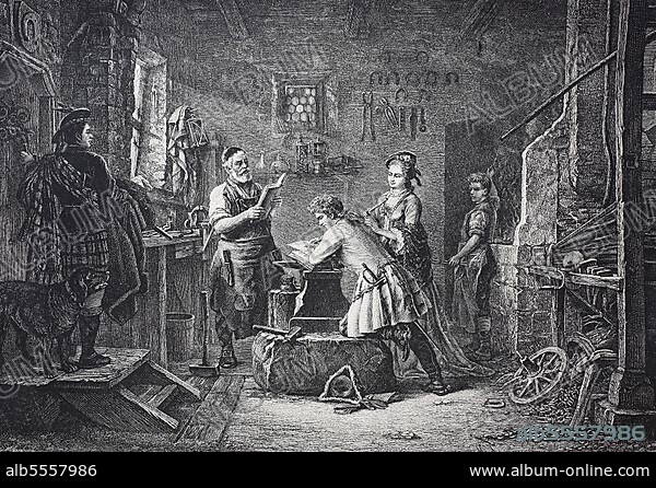 Schottland, Gretna Green, eine private Hochzeit beim Schmied, 1886, History, digitale Reproduktion einer Originalvorlage aus dem 19. Jahrhundert.