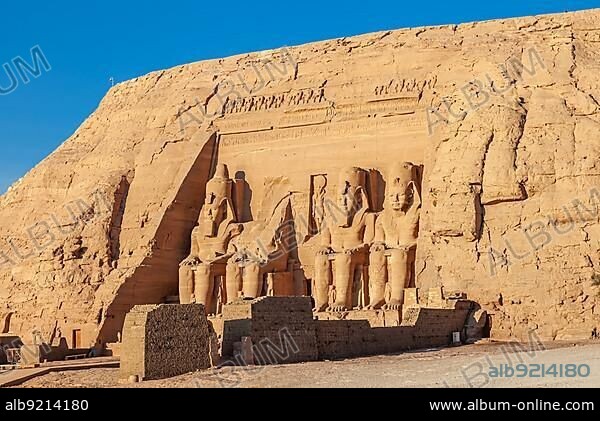 View of the famous rock-cut temple of Pharaoh Ramses II in the village of Abu Simbel, Aswan, Upper Egypt.