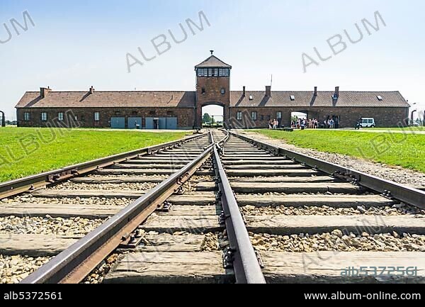 Railway leading to main entrance of Auschwitz Birkenau concentration camp, museum nowadays, Poland, Europe.