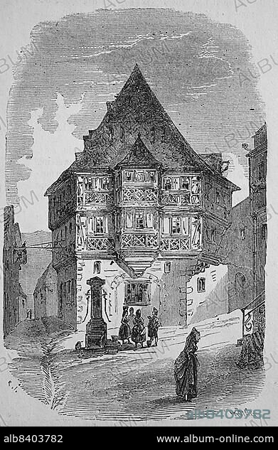 The Hotel zum Riesen in Miltenberg in 1869, one of the oldest inns, Lower Franconia, Bavaria, Germany, Historic, digitally restored reproduction of a 19th century original, exact original date unknown, Europe.