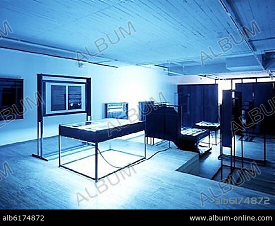 ANGELES MARCO (1947-2008). INSTALACION-SUPLEMENTO-1990- Hierro-Caucho-Cristal-Tubos fluorescentes y Negativos.