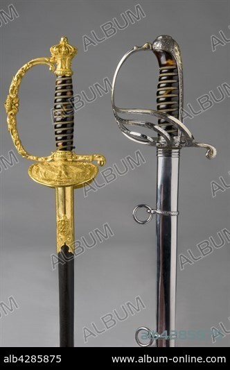Set of swords given by the bonapartist party to the Imperial prince Eugène Louis Napoléon Bonaparte on his 21st birthday. - Sword, 1817-1852 type, with engravings. - Sword from a foot troop officer. French Second Empire. Private collection. - 1st sword :. Hilt in gilded and engraved brass, polished and unpolished. Pommel with the letter 'N', topped by the imperial crown of the French Second Empire. Sculpted guard branch, decorated with oak leaves. Inscription 'Viriliter Age'. Metal plate with the imperial eagle. 'Prospere Procede et regna', with leaves and laurel branches. Triangular blade, gilded and engraved. Wooden sheath covered with black shagreen with two trimmings, in gilded and engraved brass. - 2nd sword :. Hilt in engraved iron, polished. Guard with five branches engraved with leaves. Curved crossguard. Straight blade, gilded and engraved. On one of its sides: 'N' under imperial crown, war trophies and leaves, surrounding the inscription 'Prospere Procede et Regna', on the other side: imperial eagle, war trophies and leaves surrounding the inscription 'Viriliter Age'. Sheath in sheet iron, engraved with laurel and oak leaves.