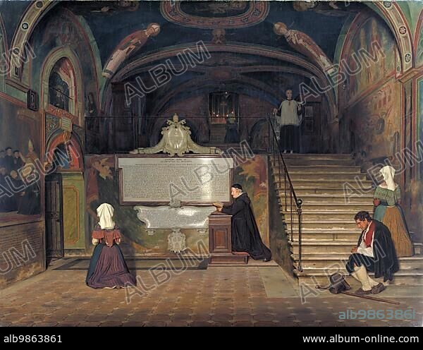 The Lower Church of the Monastery of San Benedetto in Subiaco, 1843, The monastery, also called Sacro Speco, Sacred Crevice, belongs to the Territorial Abbey of Subiaco of the Benedictine Order, Lazio, Italy, Historic, digitally restored reproduction of an original of the time, Europe.