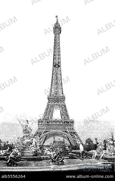 Hauptsymbol der Messe, der Eiffelturm, Exposition Universelle von 1889, Weltausstellung, Paris, Frankreich, Historisch, digital restaurierte Reproduktion einer Originalvorlage aus dem 19. Jahrhundert.