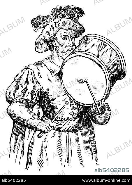 Historical drawing from the 19th century, medieval drummer, holding the drumstick in the typical way.
