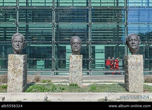 Busts of President George Bush, Helmut Kohl, Mikhail Gorbachev, Axel-Springer-Verlag, Axel-Springer-Straße, Kreuzberg, Berlin, Germany, Europe.