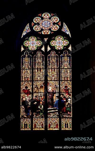 Stained glass window with Martin Luther's posting of 95 theses at the castle church in Wittenberg; arts and crafts; stained glass; church window; Protestation Church Speyer; Protestation Church; Memorial Church of the Protestation; Speyer; Rhineland-Palatinate; Germany; Europe.