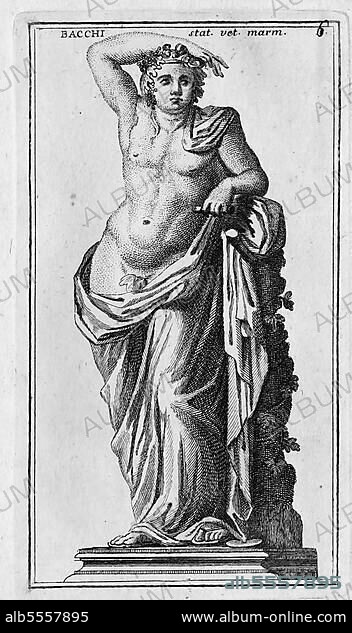 Der römische Gott Bacchus, Marmorstatue aus dem antiken Rom, Italien, digitale Reproduktion einer Originalvorlage aus dem 18. Jahrhundert, Originaldatum nicht bekannt.