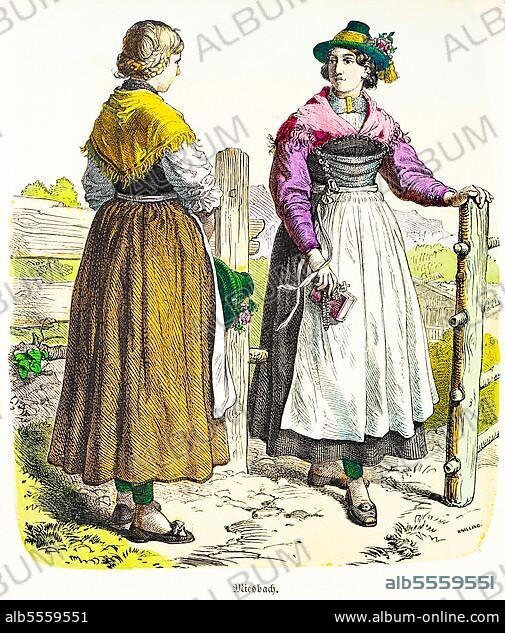 Münchener Bilderbogen, Kostüme, Miesbach, Bayern, 19. Jahrhundert, Tracht, Hut, Zopf, Schmuck, Holzgatter, zwei Frauen, Porträt, historische Illustration 1890.