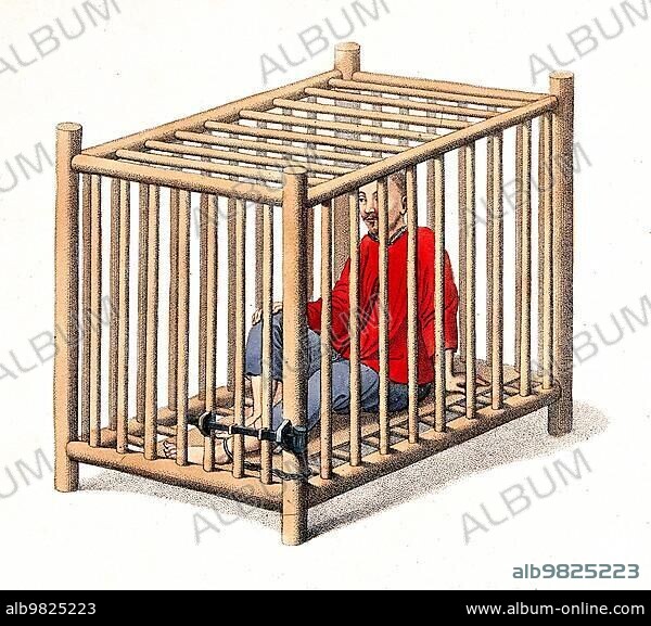 Torture; Punishment; Punishment; A Chinese man sits in a wooden cage; c. 1810; China; Historical; digitally restored reproduction from a 19th century original; Asia.