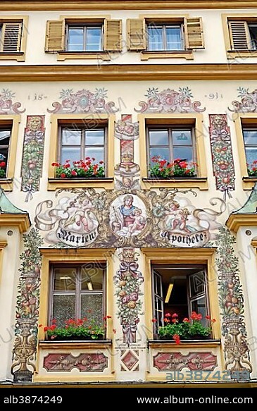 Murals on Marien-Apotheke, St. Mary's Pharmacy, in Traunstein, Chiemgau, Bavaria, Germany, Europe, PublicGround, Europe.