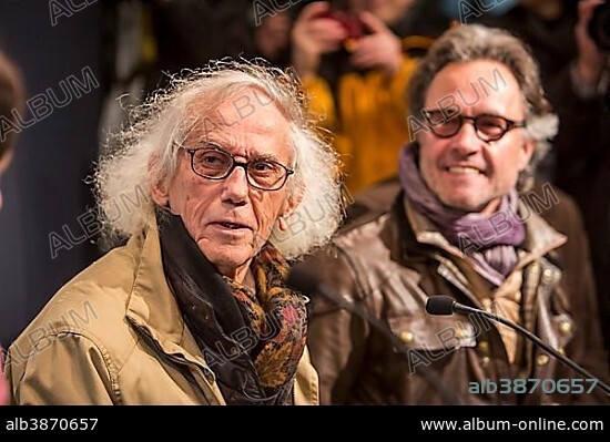The artist Christo, left, with project manager Wolfgang Volz, press conference at the opening of the exhibition of the Christo-installation "Big Air Package" in the Gasometer Oberhausen, Oberhausen, North Rhine-Westphalia, Germany, Europe.