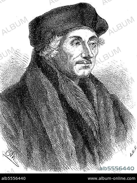 Desiderius Erasmus von Rotterdam, 28. Oktober 1466, 11. Juli 1536, war ein bedeutender niederländischer Gelehrter des Renaissance-Humanismus, Historisch, digital restaurierte Reproduktion einer Originalvorlage aus dem 19. Jahrhundert.
