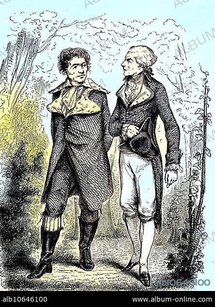Marat and Robespierre. Jean-Paul Marat, 1743, 13 July 1793, French political theorist, physician and scientist, who became known above all for his role as a radical journalist and politician during the French Revolution. Maximilien Francois Marie Isidore de Robespierre, 1758 ? 1794, French jurist and politician, reproduction of a woodcut from 1880, digitally enhanced, 13 July 1793, a French political theorist.