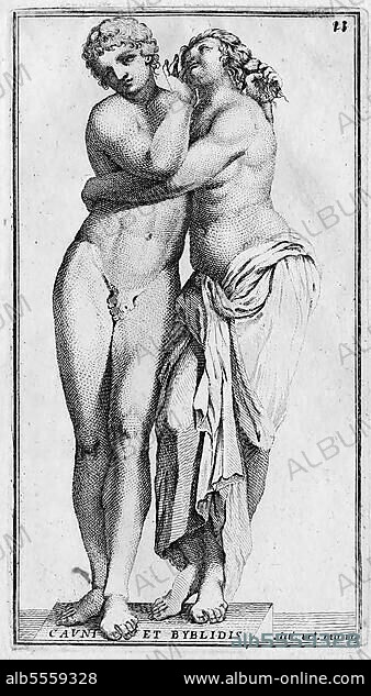 Cauno e Bibli, Kaunos, eine Gestalt aus der griechischen Mythologie und Byblis, Tochter des Miletos, digitale Reproduktion einer Originalvorlage aus dem 18. Jahrhundert, Originaldatum nicht bekannt.