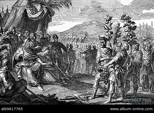 The Return of the Scouts; Fourth Book of Moses; Chapter 13; Verses 17-31; Old Testament; Bible; Moses; Canaan; landscape; mountains; tents; plants; grapes; warriors; spears; weapons; pomegranates; Pharan desert; milk and honey; historical illustration 1890.