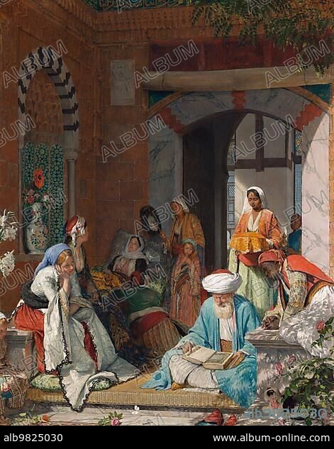 And the Prayer of Faith Shall Save the Sick; Muslim reads from the Qur'an; the family gathered around the sick woman; Arabia; 1872; Painting by John Frederick Lewis; Historic; digitally restored reproduction from a 19th century original.