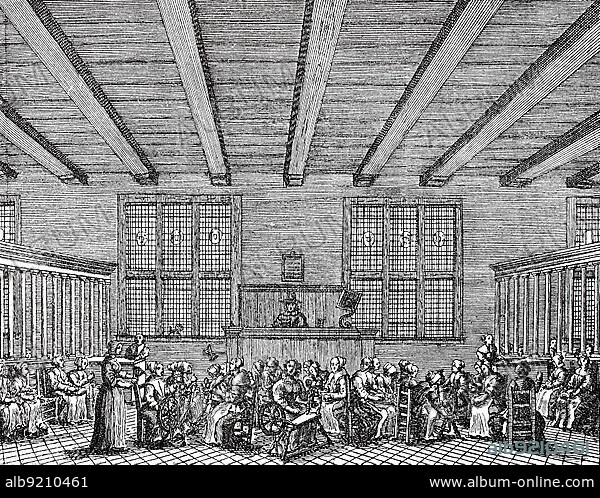 The room in the Spinnhaus in Amsterdam, illustration from Filips von Zesen Description of the city Amsterdam 1666, the Netherlands, historical image or illustration, published 1890, digitally improved, The room in the Spinnhaus in Amsterdam, Spinnhaus was the name given to penal institutions from the 16th century onwards, which usually housed woman who were impoverished, begging or accused of prostitution, illustration from Filips von Zesen Description of the city Amst.