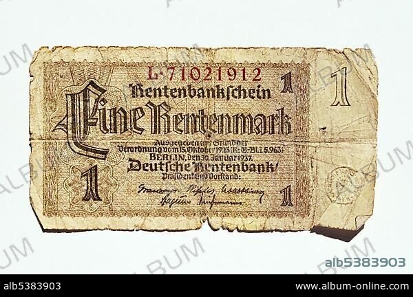 One Rentenmark banknote, 1937, Germany, Europe.