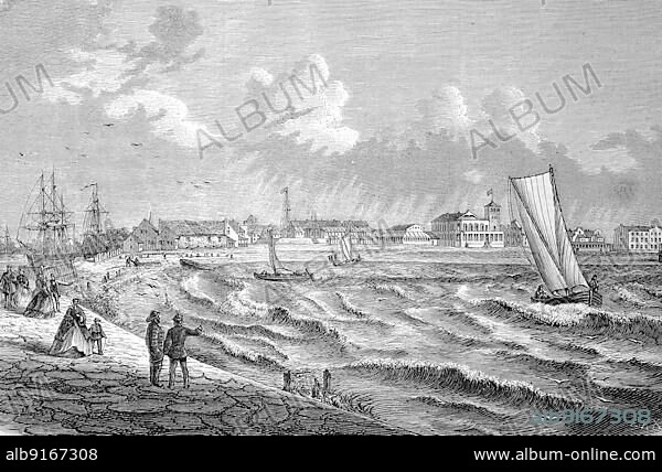 Warnemünde is a seaside resort and a district of the city of Rostock in Mecklenburg, Germany. It is located on the Baltic Sea, Historic, digitally restored reproduction of a 19th century original, exact original date unknown.