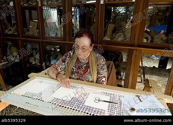 Women doing embroidery in the Museum de Piedra, Museo de Piedra, Ingenio, Gran Canaria, Canary Islands, Spain, Europe.