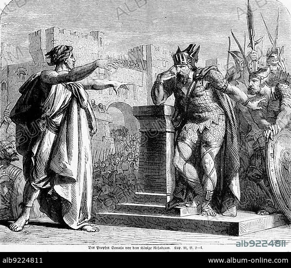 The Prophet Shemaiah in front of King Rehoboam, God, Solomon, Son, King Judah, Brothers, Crowd, City, City Gate, King, Warriors, Weapons, Spears, Army, Bible, Old Testament, Second Book of Chronicles, Chapter 11, Verse 2-4, historical illustration c. 1850.