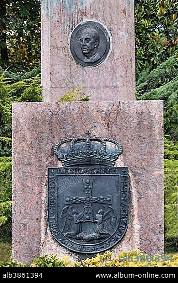 Monument to dictator Francisco Franco from 1975, detail, portrait of Franco was removed in 2015, in front the crest of the Archbishop of Oviedo, Spanish square, Oviedo, Asturias province, Spain, Europe.