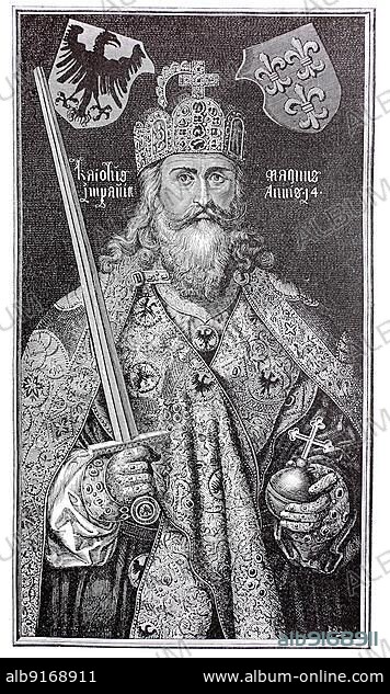 Charlemagne at the Coronation of the German Emperor, painted by Albrecht Dürer in 1510, Germany. Charlemagne, also known as Charles I, was King of the Franks. Digitally restored reproduction of a 19th century original, exact original date unknown.