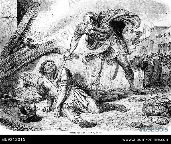 Abimelech's death, boy, servant, weapons, sword, kill, speak, strangle, woman, woman, stab, die, outdoors, city, fire, Bible, Old Testament, Book of Judges, chapter 9, verse 54, historical illustration c. 1850, Middle East.