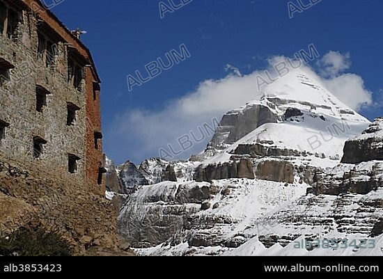 Sacred Mount Kailash (Tibetan: Kang Rinpoche), 6638 m. or 21, 778 ft., with Chogu Gompa Monastery, Western Tibet, Ngari Province, Tibet (China), Asia.