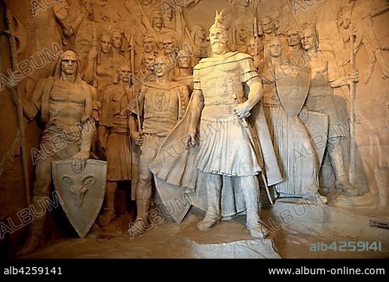 Figure group, relief, with Skanderbeg, Skanderbeg Museum, Kruja, Durrës County, Albania, Europe.