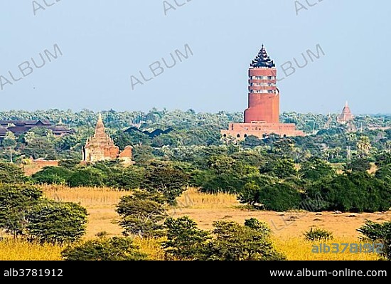 Nan Myint Tower, observation tower, temples, stupas and pagodas in the temple complex of the Plateau of Bagan, Mandalay Division, Myanmar or Burma.