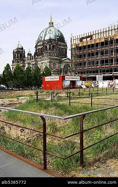 Demolition work at the Palace of the Republic Palast der Republik next to the Dome Berlin Germany.