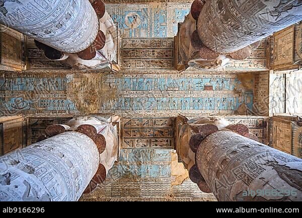 Columns and hall ceiling, large vestibule Pronaos, Temple of Hathor, Dendera, Qina, Egypt, Africa.