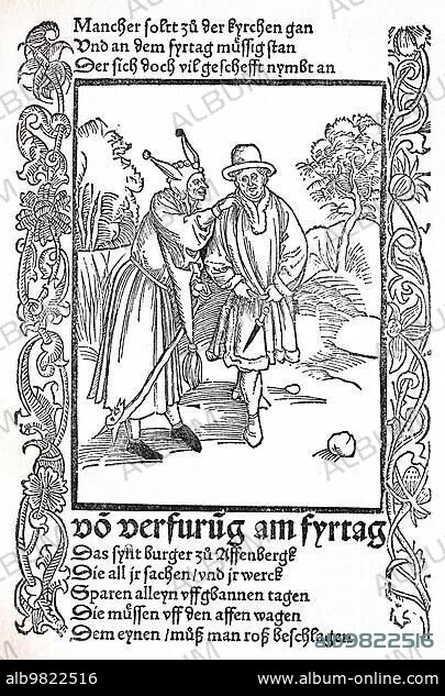 The Ship of Fools by Sebastian Brant; 1494; late medieval moral satire. Do not hallow the holiday; the Fool tries to persuade a staid citizen not to observe the holiday; Historical; digitally restored reproduction from a 19th century original.
