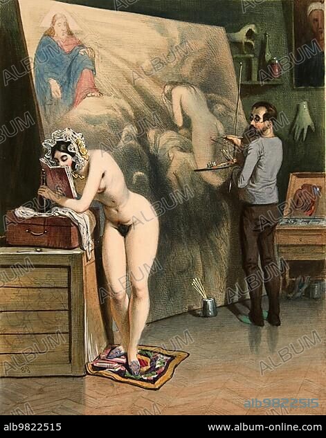 The painter's woman is available as a nude model and reads a book out of boredom; Painting by Paul Gavarni; Historic; digitally restored reproduction from an 18th or 19th century original.