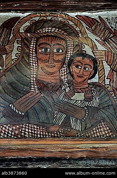 Virgin Mary with Jesus, fresco in the Orthodox rock church Petros and Paulos, Gheralta region, Tigray, Ethiopia, Africa.