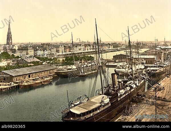 View of the new harbour from the lighthouse; Bremerhaven; Bremen; Germany; Historic; Photochrome print from the 1890s; Europe.
