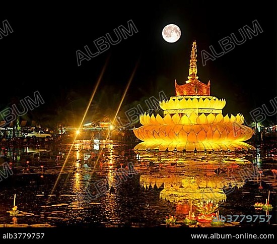 Loi Krathong festival, giant Krathong in the pond, full moon, Sukhothai Historical Park, at night, Sukhothai, Sukhothai Province, Northern Thailand, Thailand, Asia.