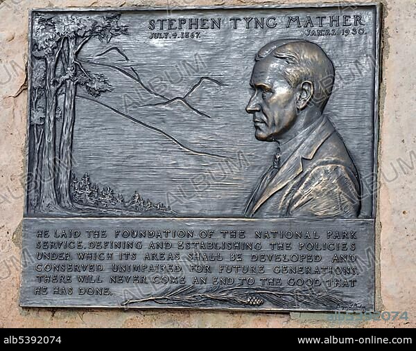 Memorial plaque for Stephen Tyng Mather, Mather Memorial, Mather Point lookout, Grand Canyon National Park, South Rim, Arizona, United States of America, USA, North America.