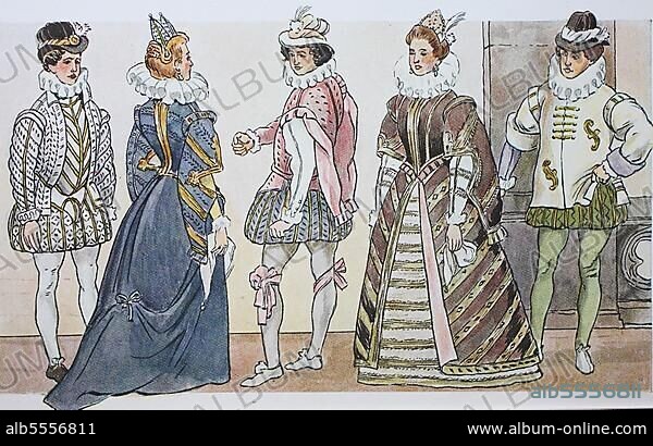 Mode, Kostüme, Kleidung in Italien unter der spanischen Mode um 1590-1610, Mailand 1604, Mailänder Damen und Herren in höfischen Tanzposen, digitale verbesserte Reproduktion nach einem Original aus dem Jahr 1900.
